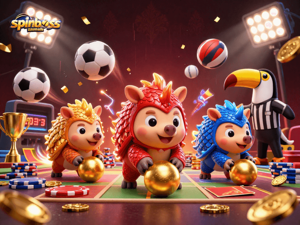 Actionner avec les paiements du SpinBoss Casino, illustration dynamique de pangolins et de poker.