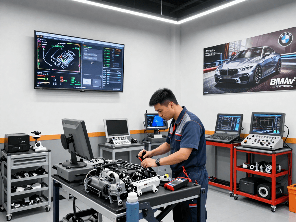 Professionelle BMW Werkstatt in Hannover mit Techniker, der ein Motorsteuergerät überprüft