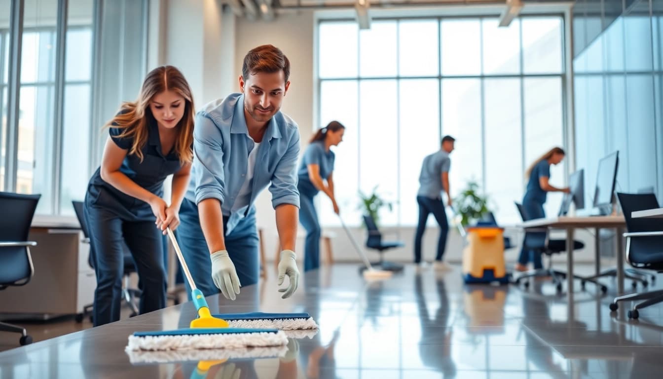 Effiziente Gebäudereinigung Ulm in modernen Büros mit professionellem Team und glänzenden Oberflächen.