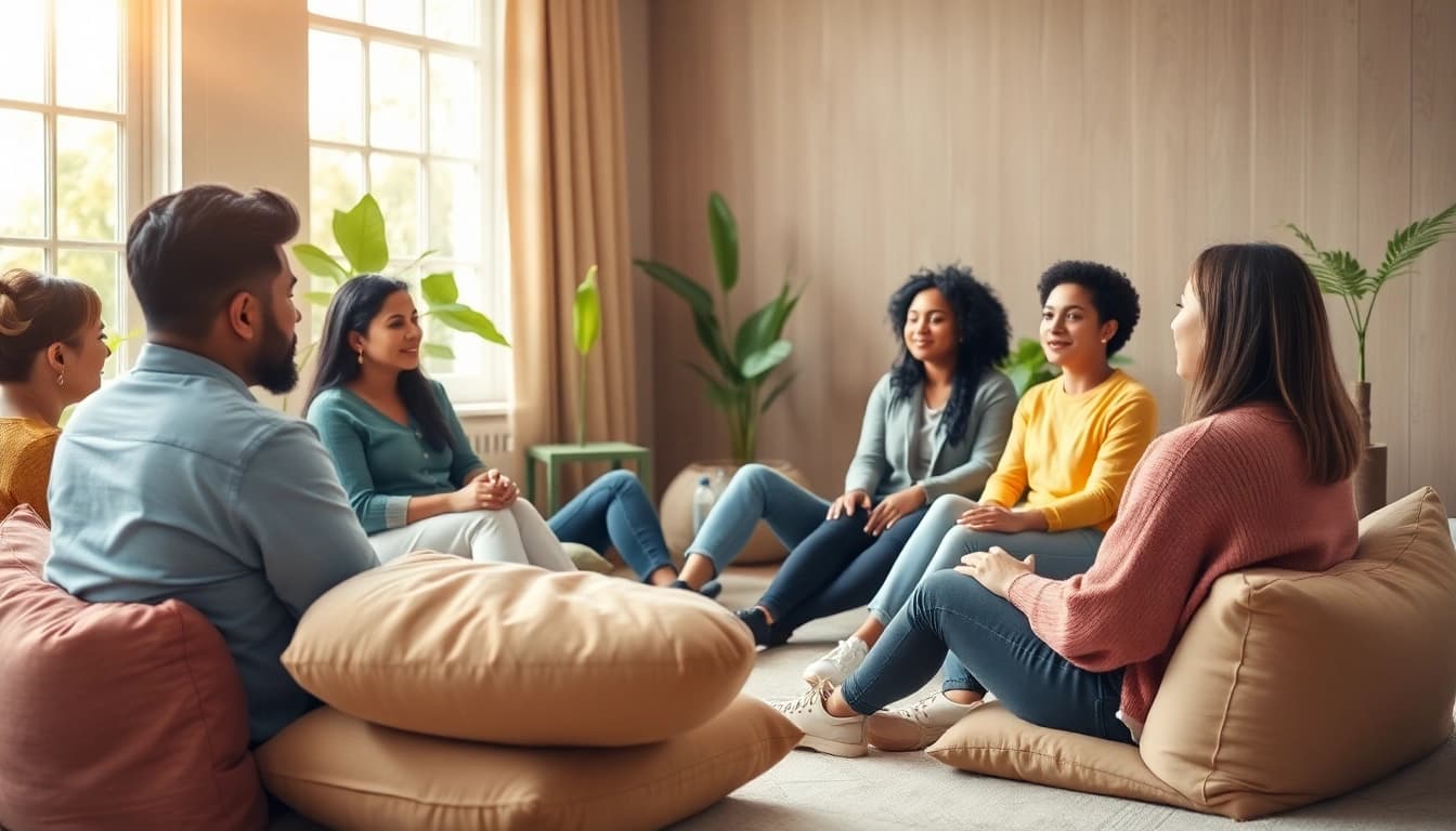 Promote mental health awareness through a supportive group therapy session showcasing diverse individuals.