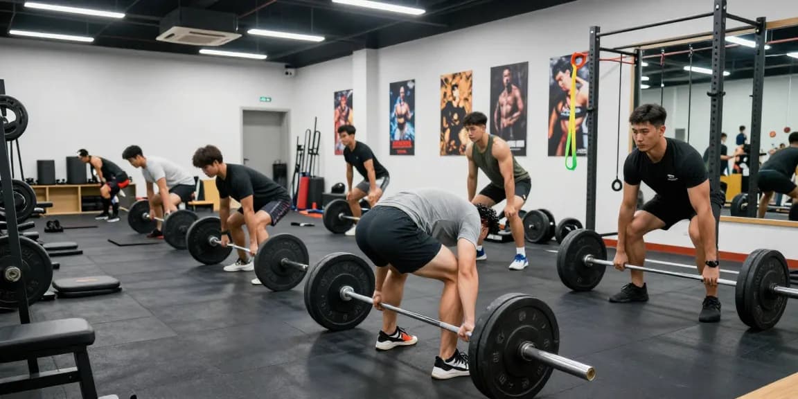 Steroidshop Training mit Bodybuildern im Fitnessstudio, die zusammen trainieren.