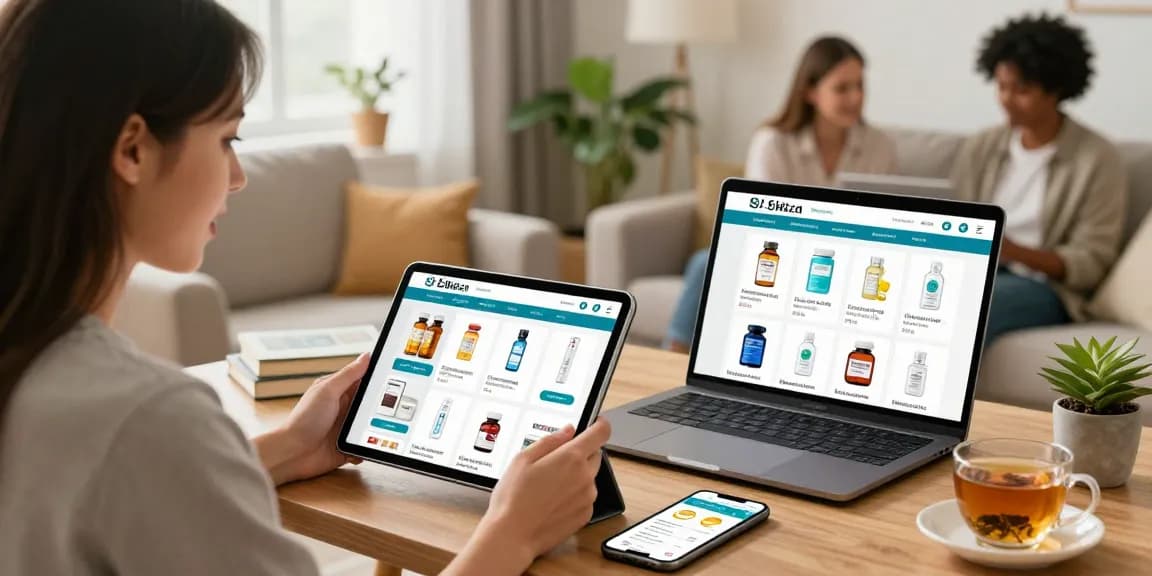Erfreuliche Online-Einkaufsszene bei Selliza Pharma Shop mit Kunden, die Gesundheitsprodukte durchsuchen.