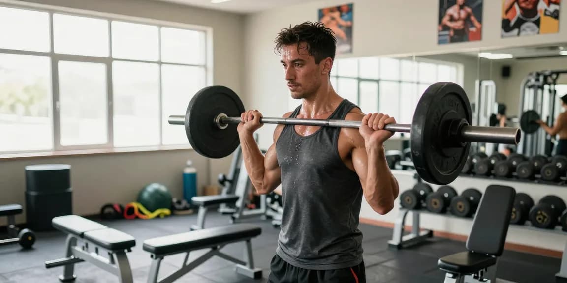 Anabolikashop: Athletisches Training im Fitnessstudio mit Gewichten und motivierender Atmosphäre.