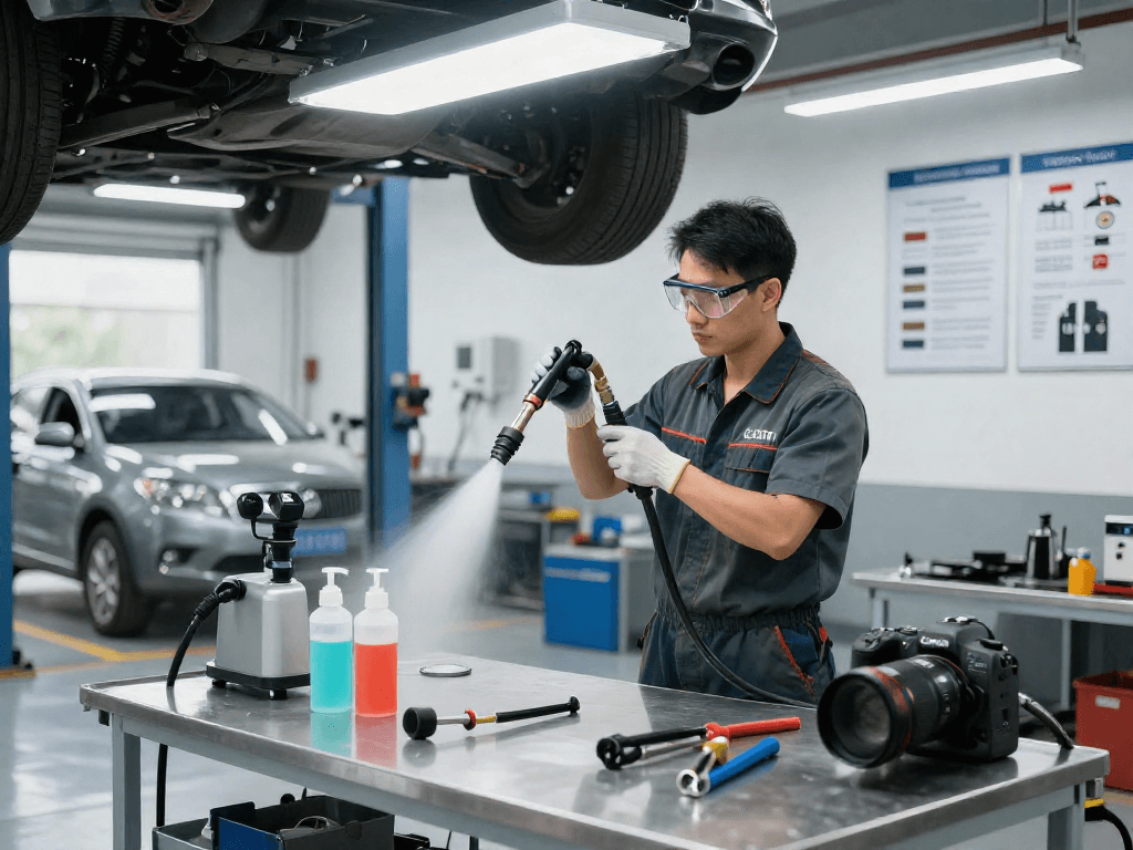 DPF Reinigung Hannover - Fachmann reinigt Dieselpartikelfilter in modernem Werkstattumfeld mit professioneller Ausrüstung.