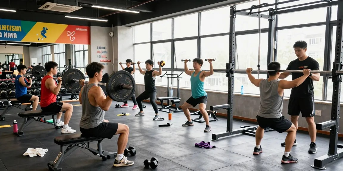Impression aus dem Deus Shop mit Bodybuildern im Fitnessstudio, die Gewichte heben und Fitnessgeräte verwenden