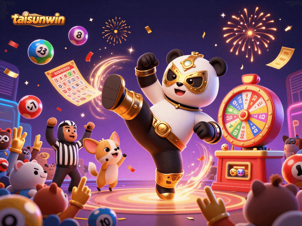 Taisunwin dazzles with vibrant lottery balls and excited animal spectators amid a casino celebration.