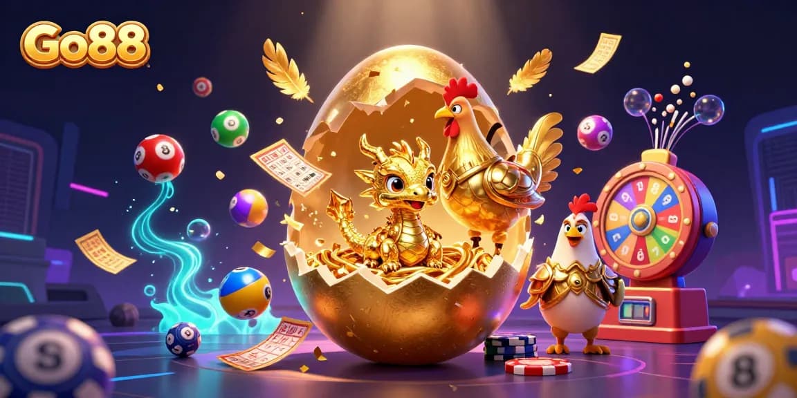 Experience Go88's vibrant gaming world with a golden dragon and dynamic lottery excitement.