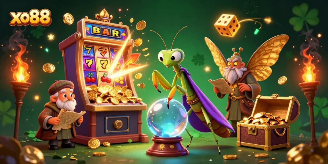 Experience exciting slots and gambling fun with xo88's vibrant game-themed illustration.