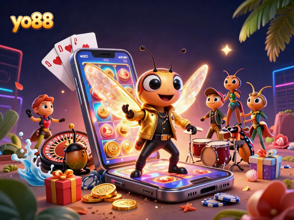 Experience the thrilling ambiance of yo88 with a dynamic 3D illustration featuring colorful slot games.