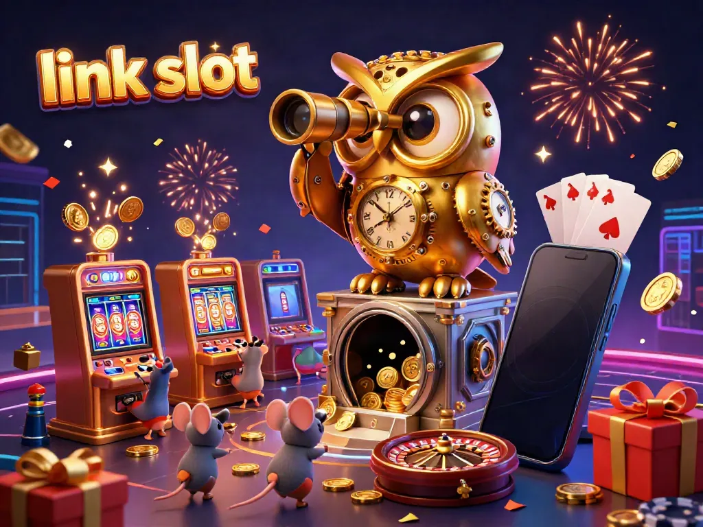 Experience excitement at link slot with a golden owl overseeing players enjoying vibrant slot games in a casino.