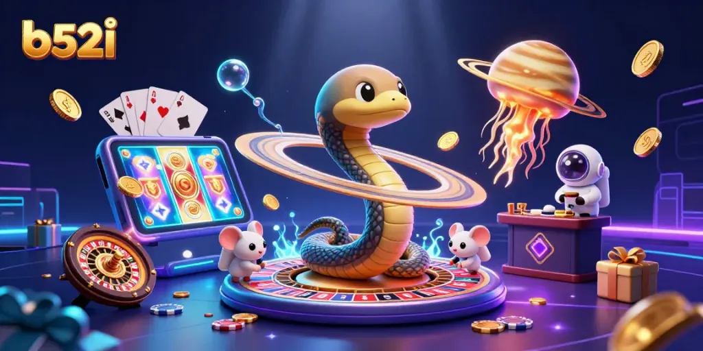 Play exciting games with b52i, featuring a cosmic casino scene with characters and dynamic gambling elements.