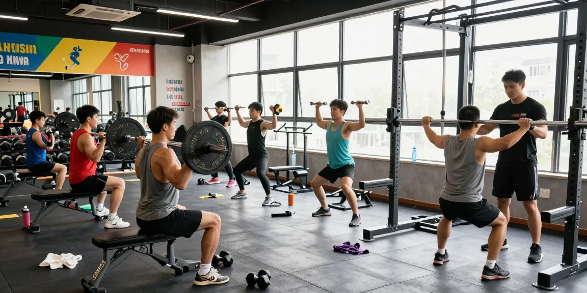 Impression aus dem Deus Shop mit Bodybuildern im Fitnessstudio, die Gewichte heben und Fitnessgeräte verwenden