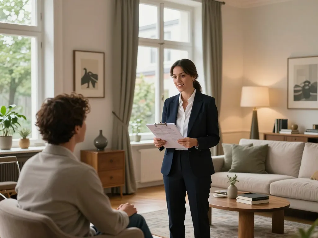 Immobilienmakler Frankfurt Eschersheim, der eine historische Immobilie während einer Kundenbesichtigung präsentiert, vereint Eleganz und Modernität.