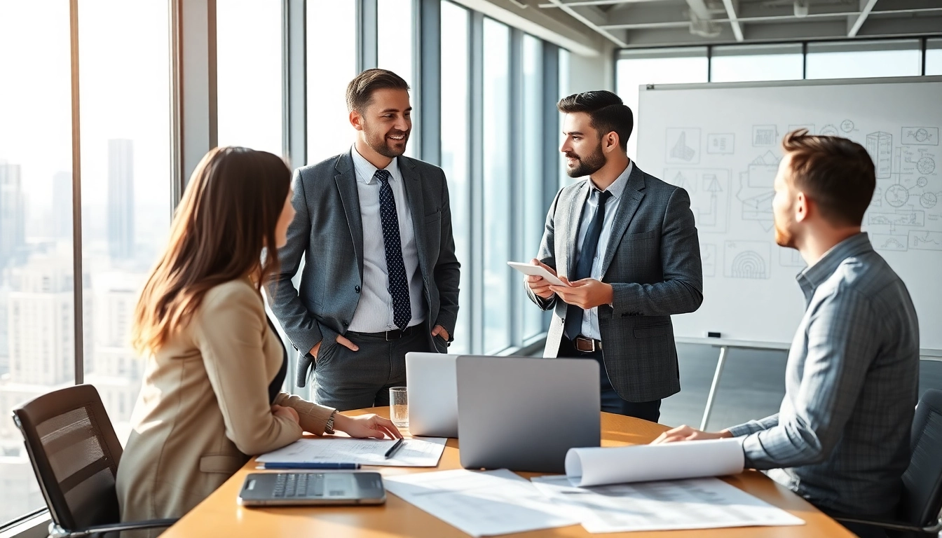 Headhunter Ingenieure stehen in einem modernen Büro im Austausch über Rekrutierung.