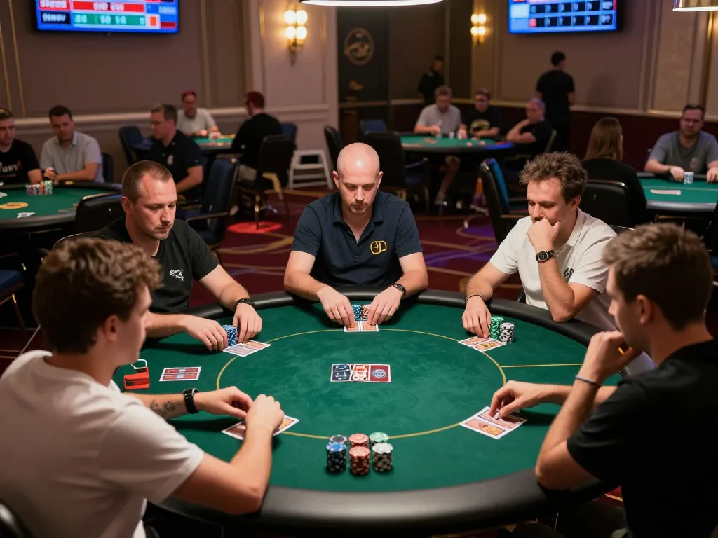 Players engaged in an intense f168 poker game at an upscale tournament venue, showcasing chips and cards