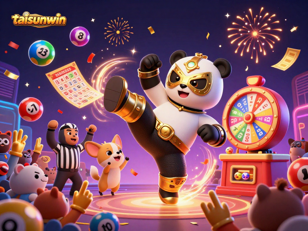 Taisunwin dazzles with vibrant lottery balls and excited animal spectators amid a casino celebration.