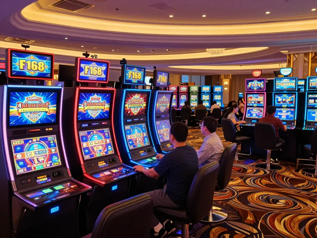 Players enjoying vibrant slot machines at F168, capturing excitement of casino gaming
