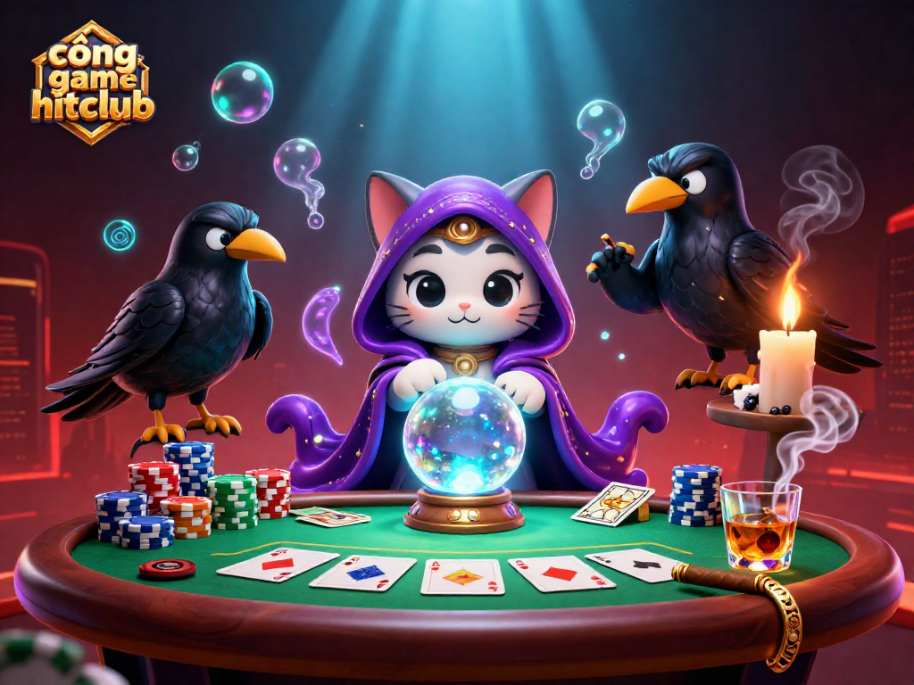 Engage with the exciting atmosphere of cổng game hitclub, featuring a mystical scene of fortune teller characters and vibrant gaming elements.