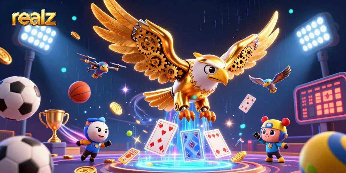 Engage with realz online casino through holographic cards, sports betting elements, and vibrant 3D visuals.