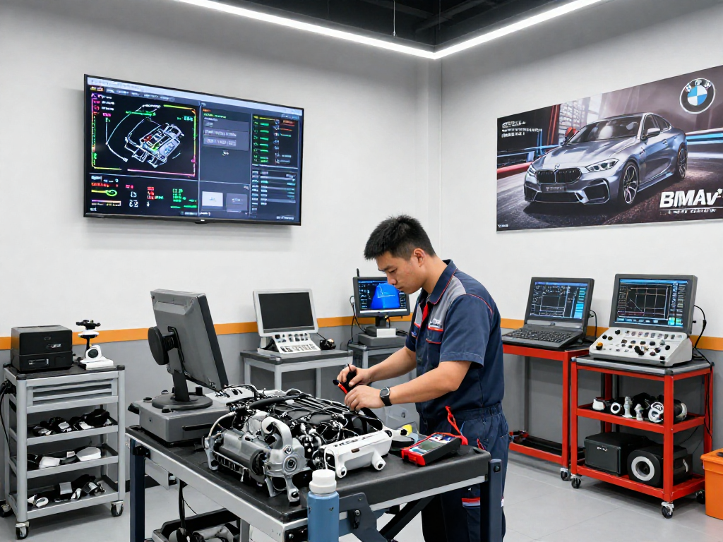 Professionelle BMW Werkstatt in Hannover mit Techniker, der ein Motorsteuergerät überprüft