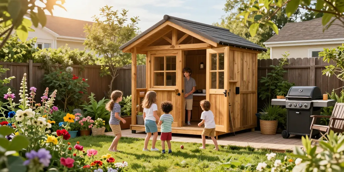Gartenhäuser im Freien mit Familie in sonniger Atmosphäre im Garten.
