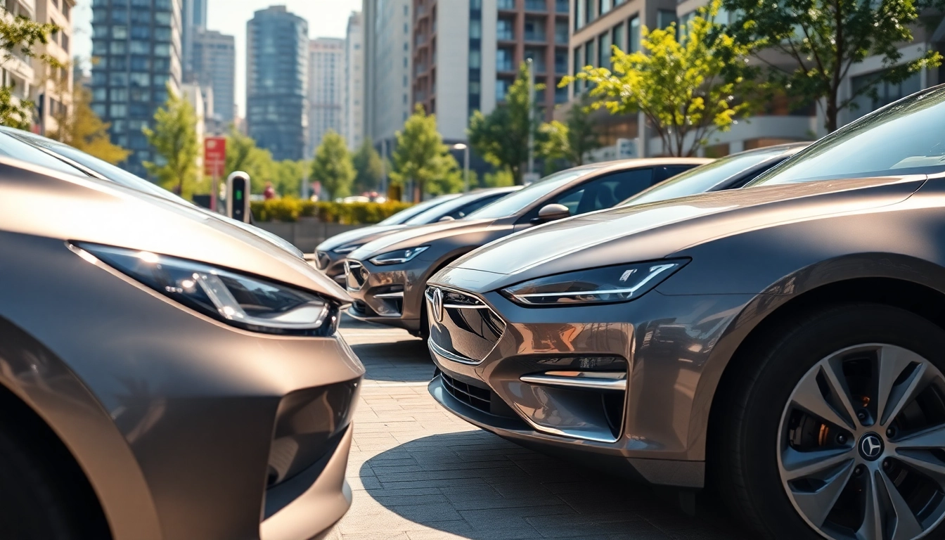 Elektroautos in einem modernen urbanen Umfeld mit nachhaltiger Technologie und eleganten Designs.