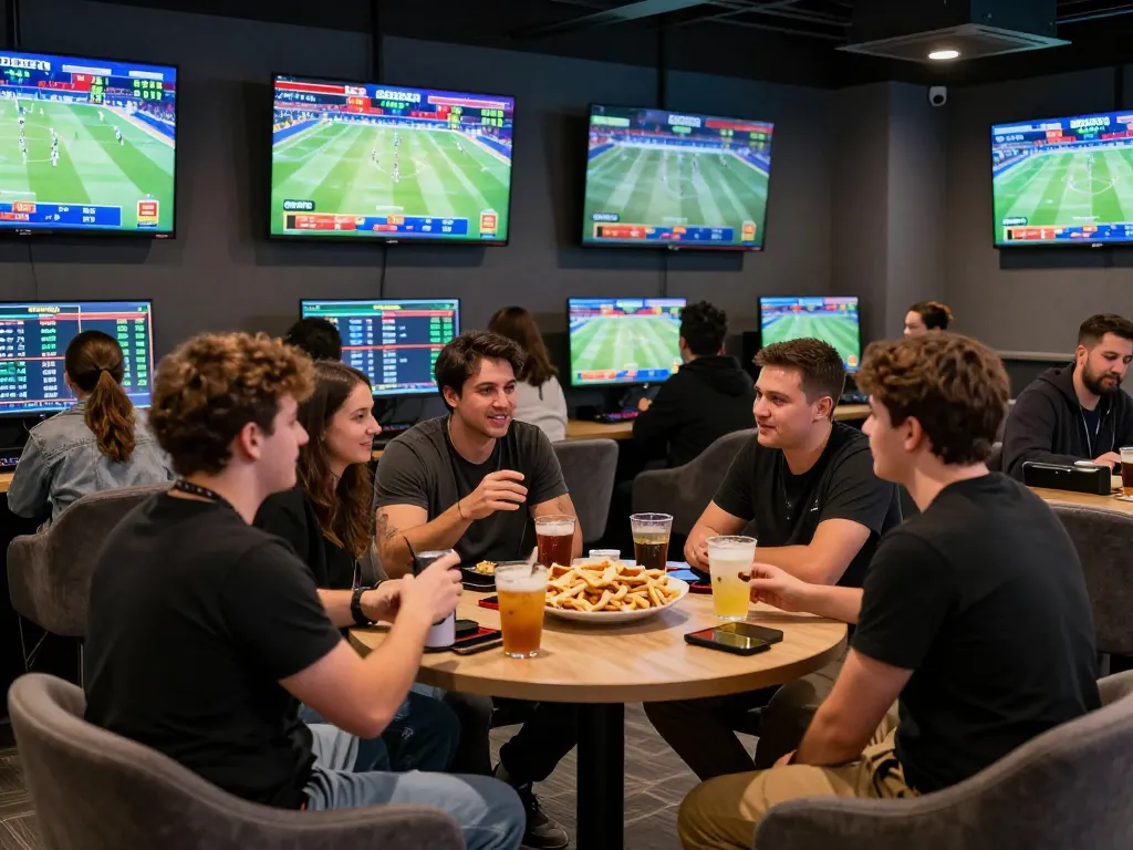 SBOBET enthusiasts enjoying a lively betting experience in a modern gaming lounge with live sports displays.