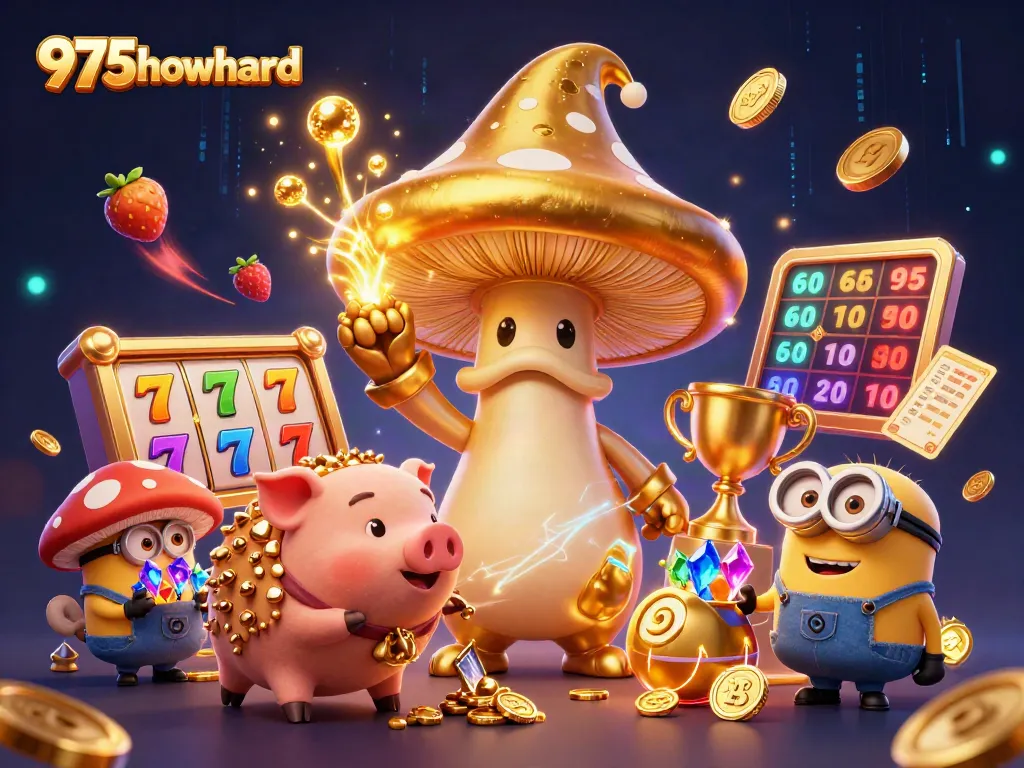 Experience thrilling wins at 975howard with golden elements and dynamic slot reels surrounded by magical characters.