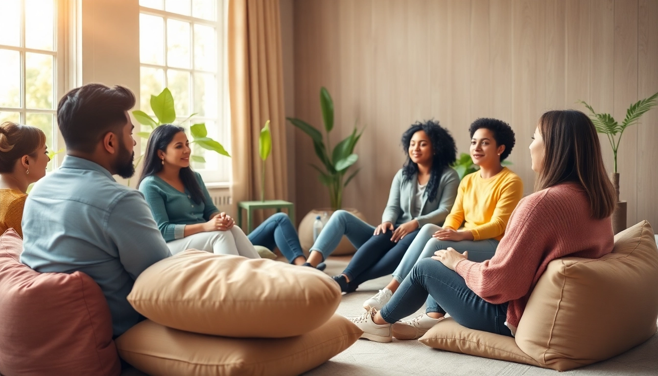 Promote mental health awareness through a supportive group therapy session showcasing diverse individuals.
