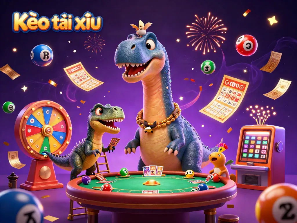 Engage in Kèo tài xỉu with a playful brontosaurus dealing excitement in a vibrant casino scene.