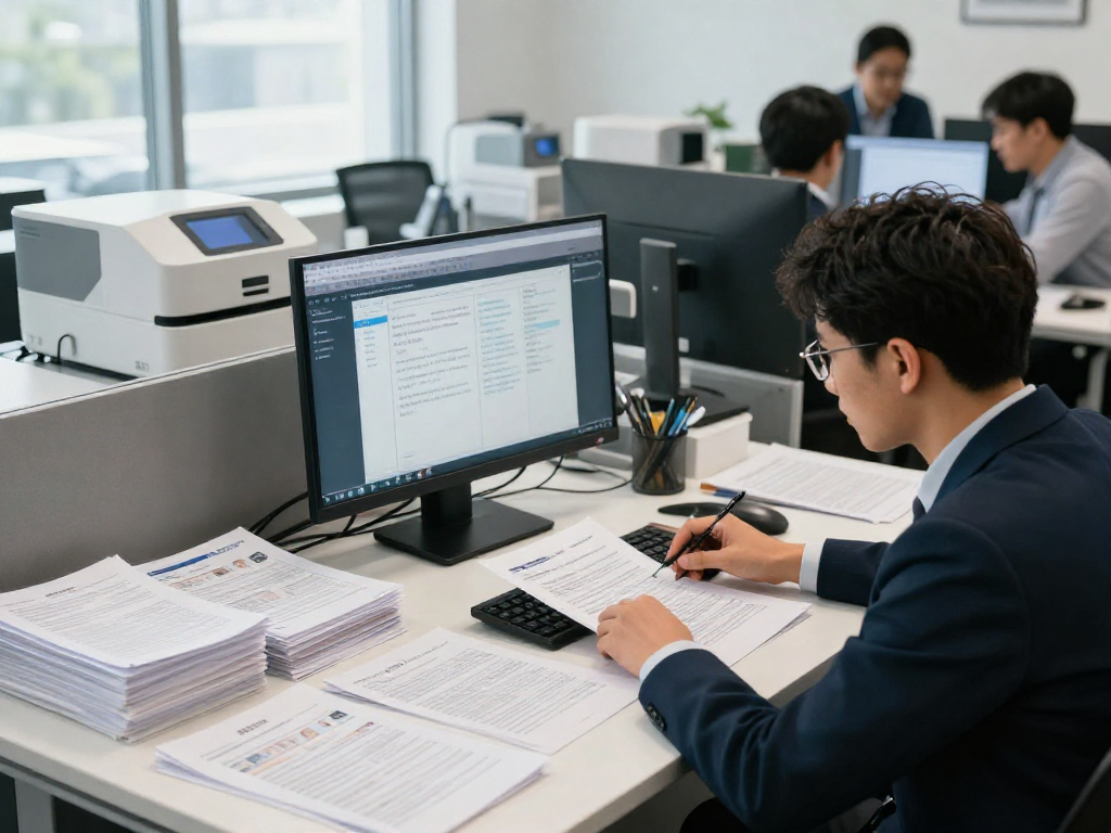 Compliance analyst conducting document fraud detection analysis with advanced tools in a modern office.