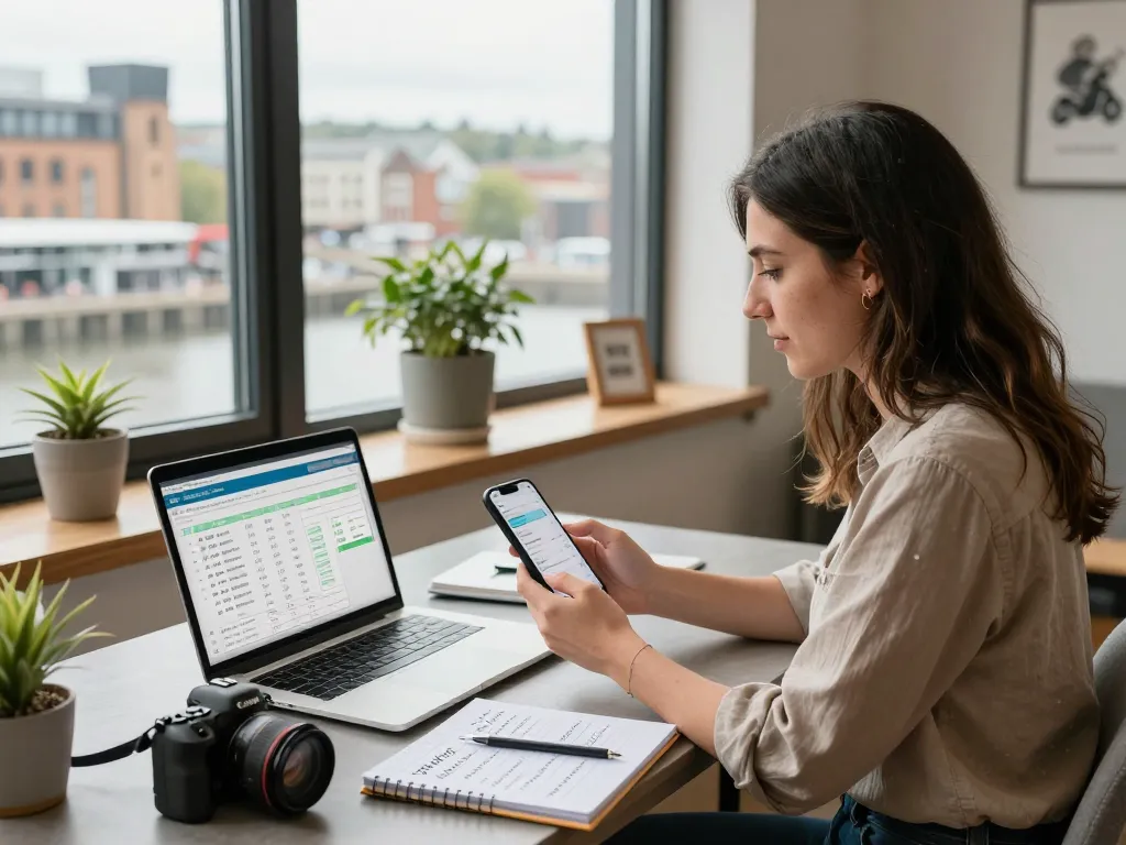 Tracy, a local expert in Airbnb management Newcastle, working in a modern office with dynamic pricing tools.