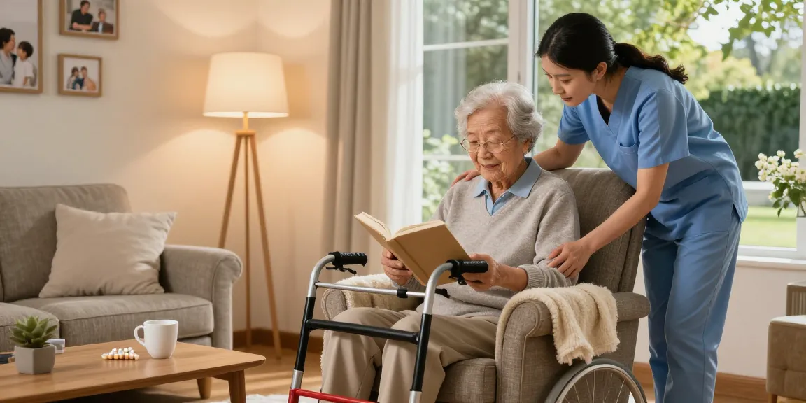Buy nobility aids while elderly individual comfortably reads in cozy living room.