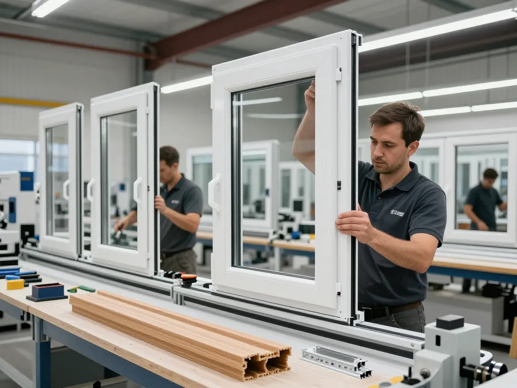 Techniker montieren Fensterbau-Fensterrahmen in einer modernen Fertigungseinrichtung.