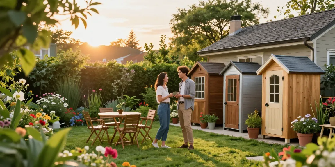 Gartenhaus kaufen: Paar betrachtet stilvolle Gartenhäuser im blühenden Garten.