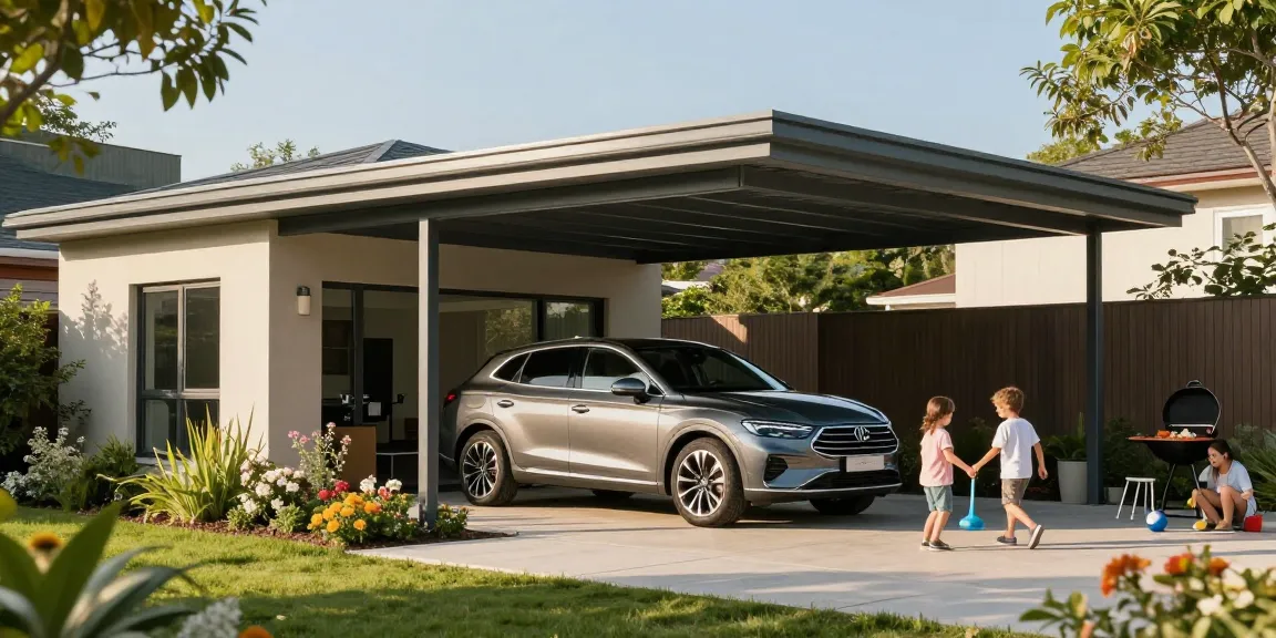 Moderner Carport mit glänzendem Auto darunter und Familie im Garten.