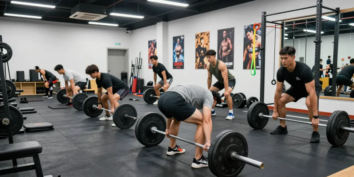 Steroidshop Training mit Bodybuildern im Fitnessstudio, die zusammen trainieren.