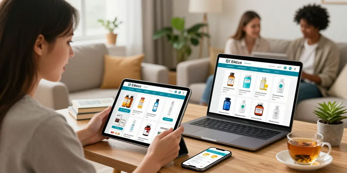 Erfreuliche Online-Einkaufsszene bei Selliza Pharma Shop mit Kunden, die Gesundheitsprodukte durchsuchen.