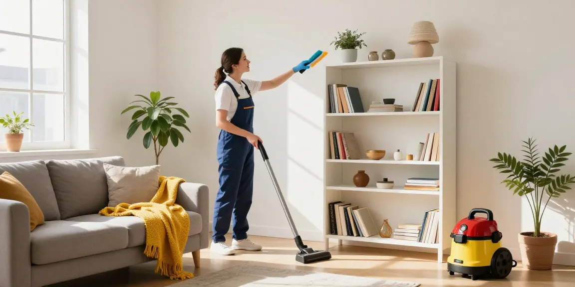Professioneller Reiniger zeigt außergewöhnliche Offerten Reinigung in einem hellen Wohnzimmer, das Komfort und Sauberkeit betont.
