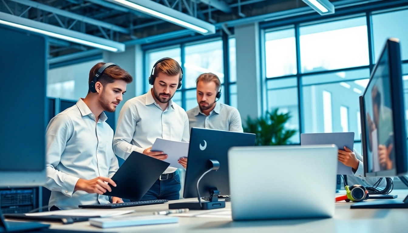 IT Support team collaborating in a tech-savvy office environment while troubleshooting systems.