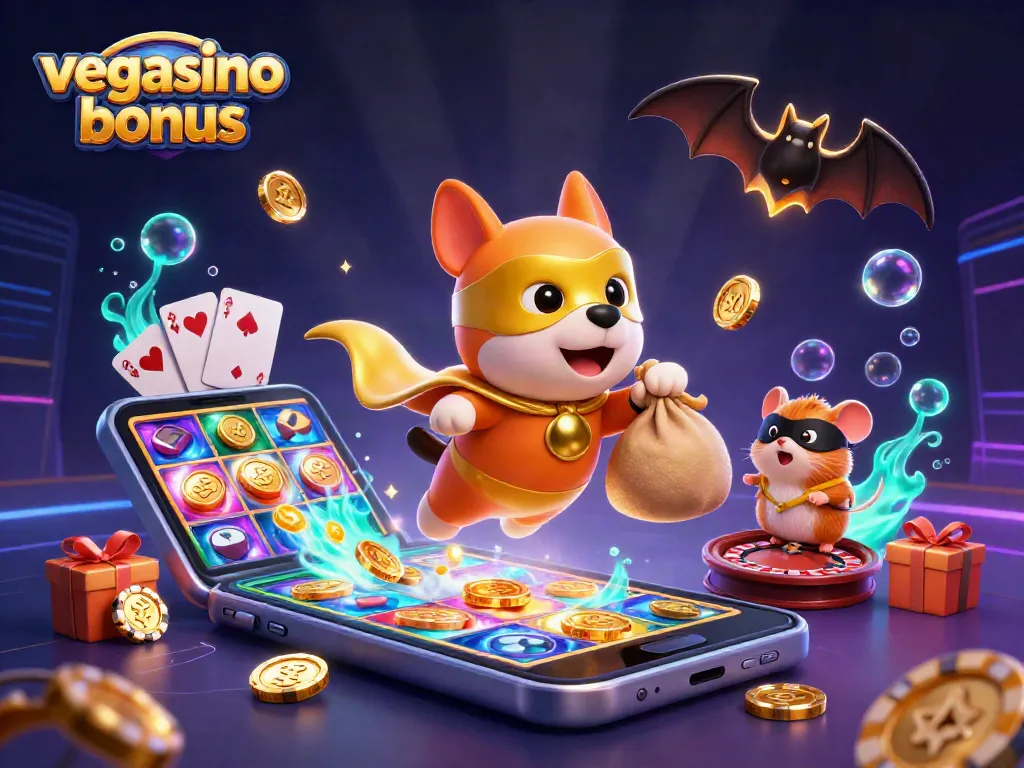 Win big with the vegasino bonus, featuring a superhero dog and hamster in a magical casino scene.