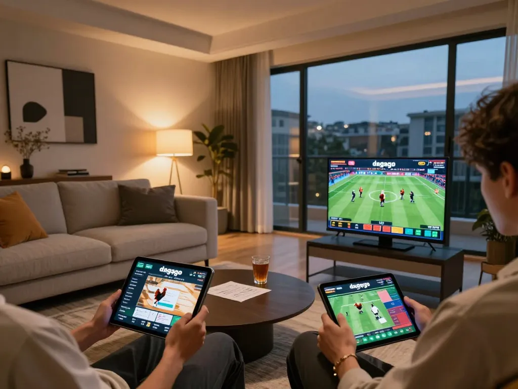 Person engaged in online betting using the dagago app on a tablet in a cozy home setting