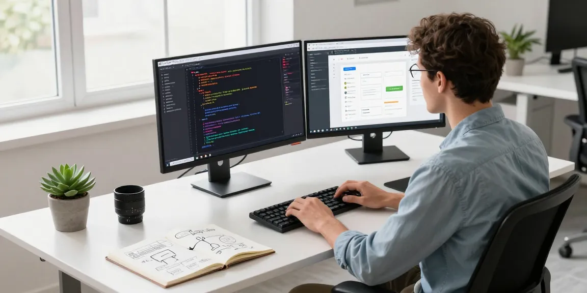 Software developer using http://debet-app.com in a modern tech workspace, showcasing productivity and focus.