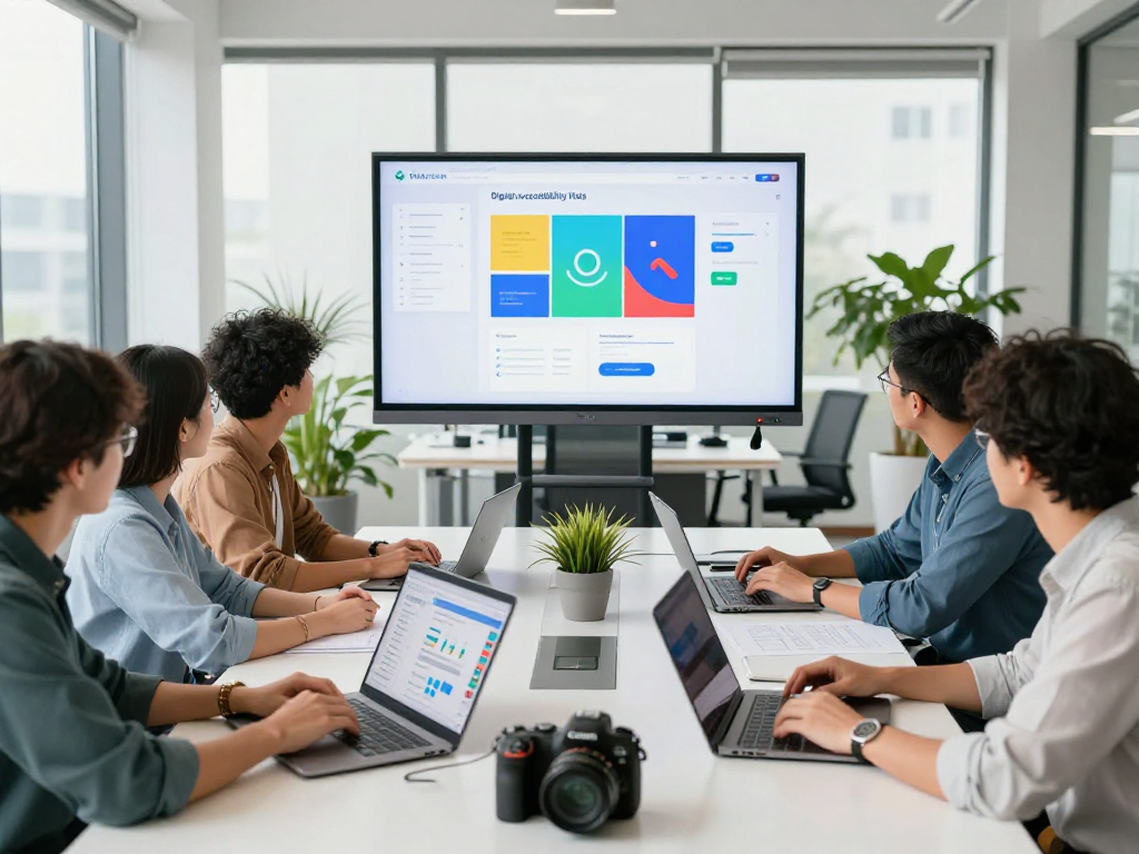 Barrierefreie und rechtssichere Webseiten Dienstleistung im modernen Büro, Team arbeitet zusammen an inklusivem Webdesign.