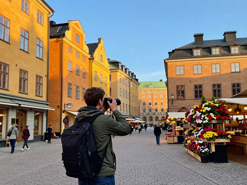 Reisetipps Stockholm: Erforschen Sie Gamla Stan mit bunten Gebäuden, lokalen Marktblumen und historischem Charme.