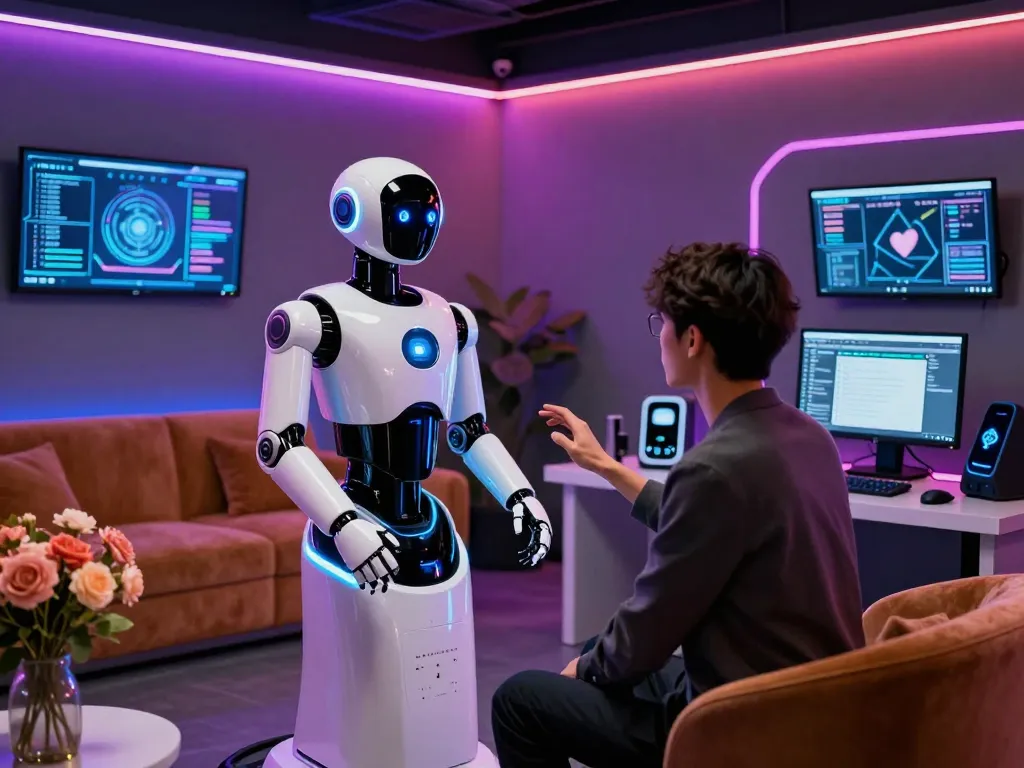 Interaction with a lifelike sex bot in a modern studio setting, showcasing innovative AI integration
