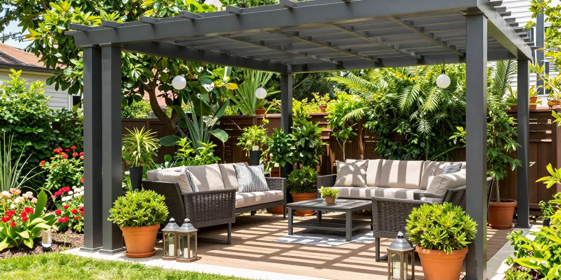 Moderne Terrassenüberdachung mit stilvollem Mobiliar und Gartenansicht.