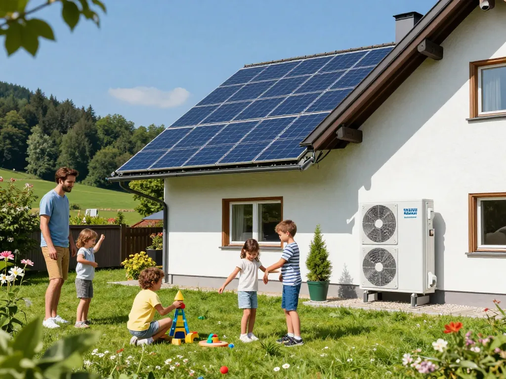 Familie genießt Photovoltaik und Wärmepumpe in einem nachhaltigen bayerischen Zuhause.