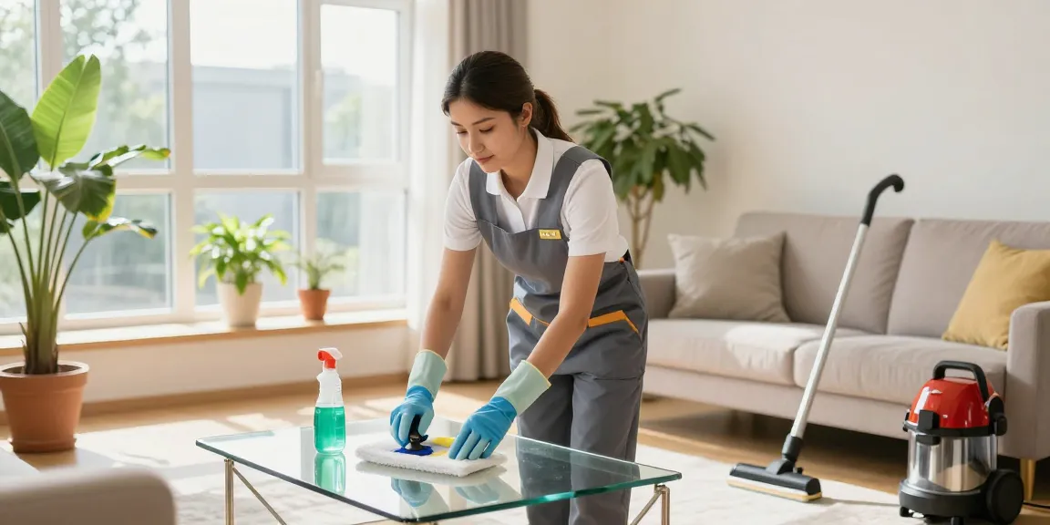 Professional cleaner demonstrating services of putzinstitut bern in a bright living room.