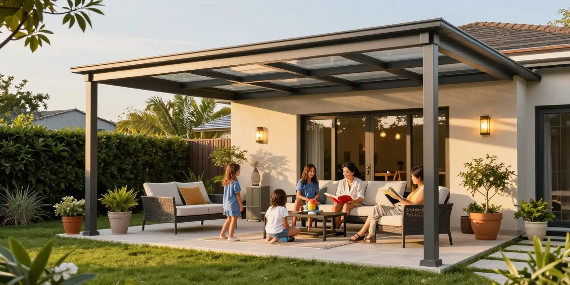 Moderne Terrassenüberdachungen bieten eleganten Wetterschutz in einem einladenden Gartenszenario.